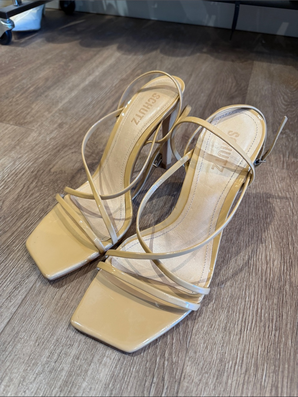 SCHUTZ Tan Strappy Square-Toe Heeled Sandals